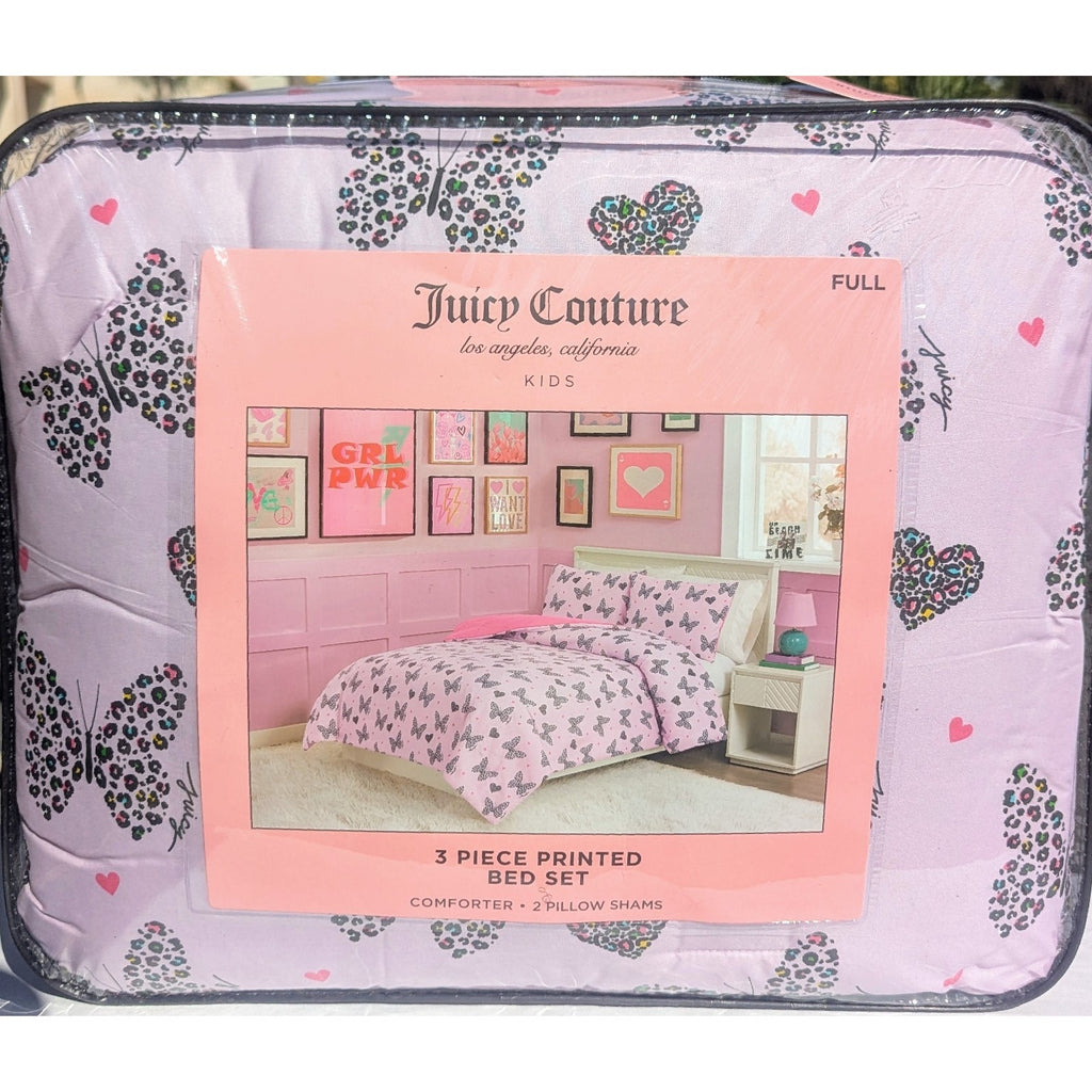 Juicy Couture Lavender w/Leopard Butterflies & Hearts FULL Comforter & Shams Set