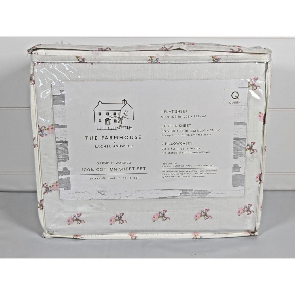 The Farmhouse Rachel Ashwell Pink Rose, Bows, Floral Queen Sheet Set, NEW