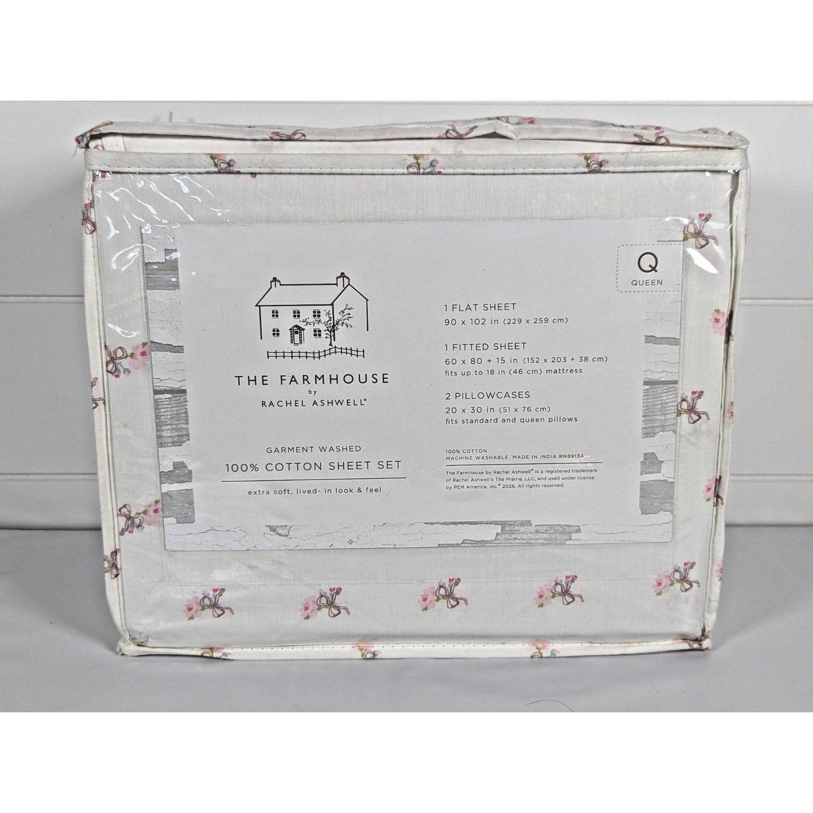 The Farmhouse Rachel Ashwell Pink Rose, Bows, Floral Queen Sheet Set, NEW