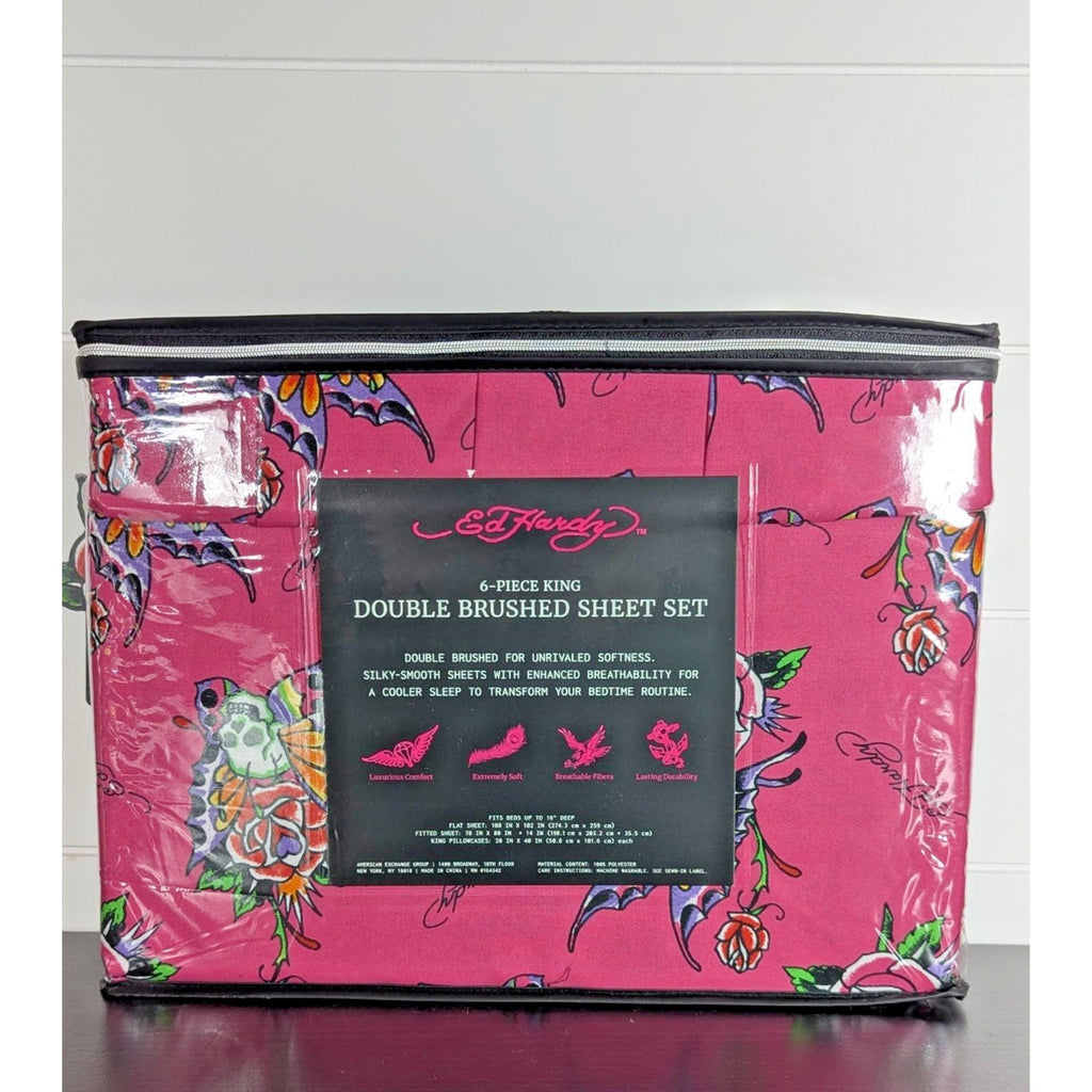 Ed Hardy 6 pc King Sheet Set Skulls Roses Tattoo Print w/4 Pillowcases