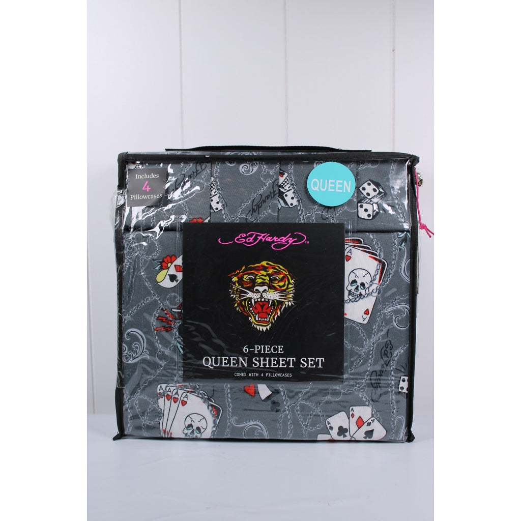 Ed Hardy 6 piece Queen Sheet Set Grey w/Cards &Tattoo Print with 4 Pillowcases