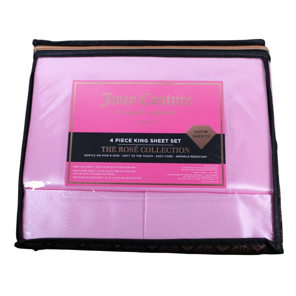 Juicy Couture Juicy Pink Satin 4pc KING Sheet Set Easy Care Soft Sleek Smooth