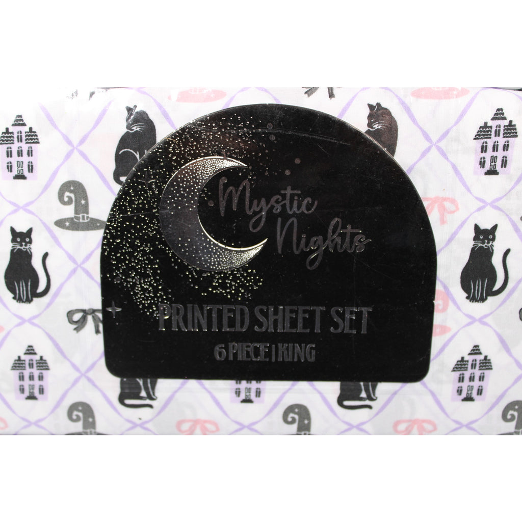 Halloween Haunted Black Cats/Hats/Bows KING Mystic Moon 6 Piece Sheet Set