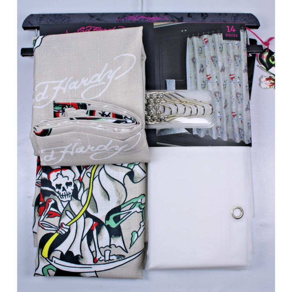 Ed Hardy 14 Piece Shower Curtain Set, Chopper Biker Skulls NWT
