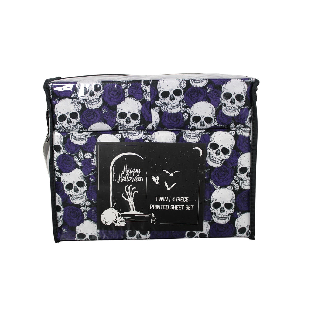 Halloween Goth Style TWIN 4 Piece Sheet Set Skulls Purple Roses - NEW