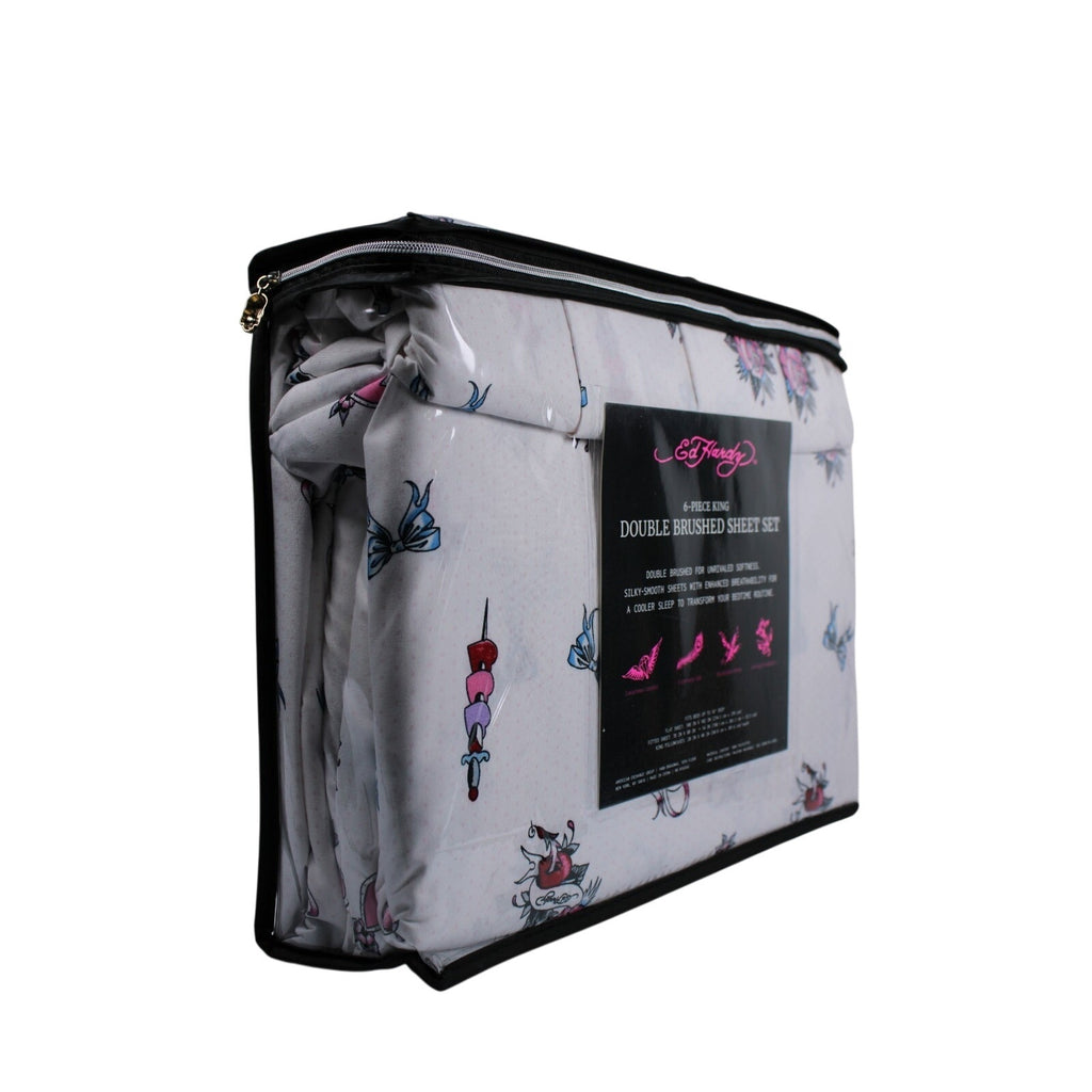 Ed Hardy KING 6pc Sheet Set with 4 Pillowcases Skulls, Bows, Roses, Hearts print
