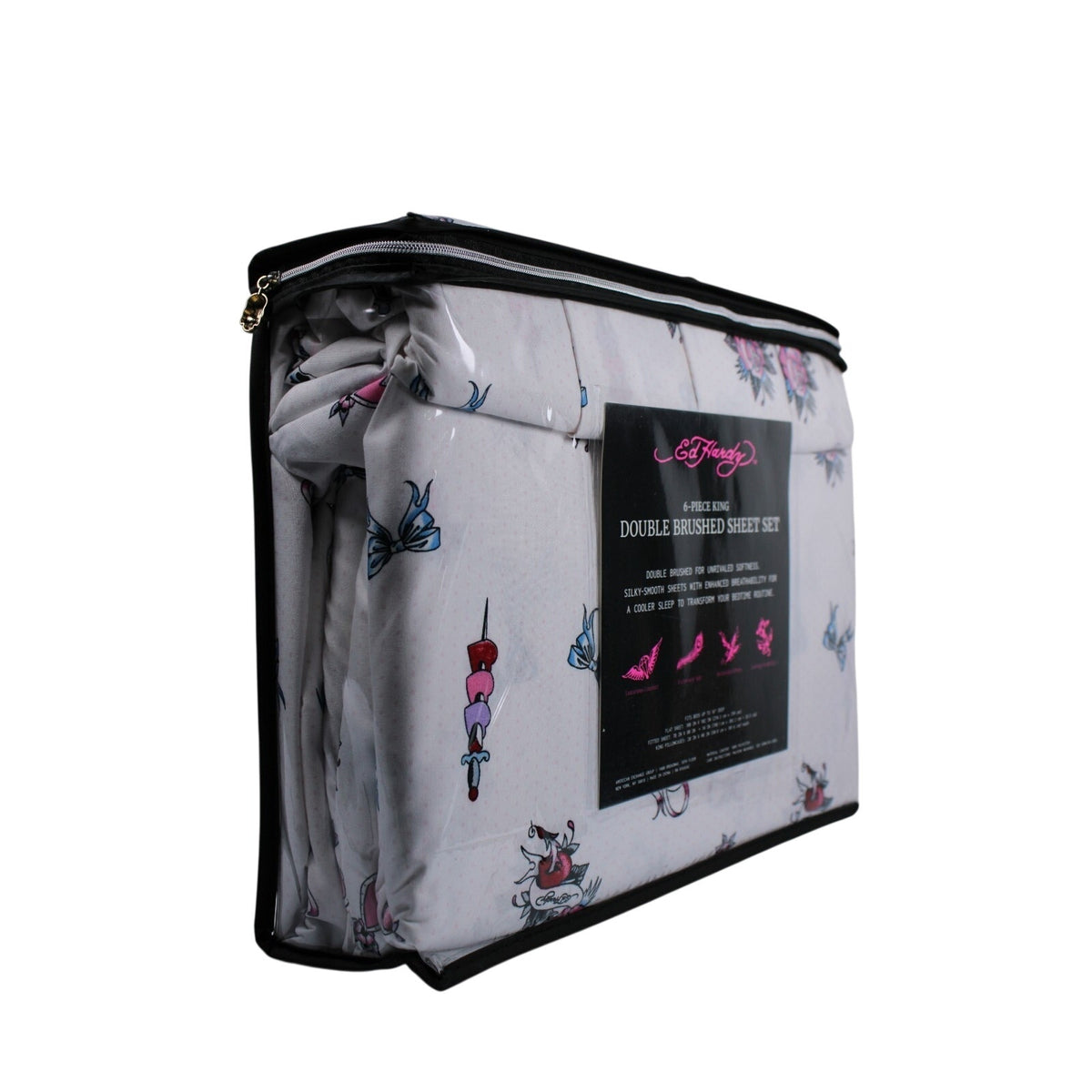 Ed Hardy KING 6pc Sheet Set with 4 Pillowcases Skulls, Bows, Roses, Hearts print