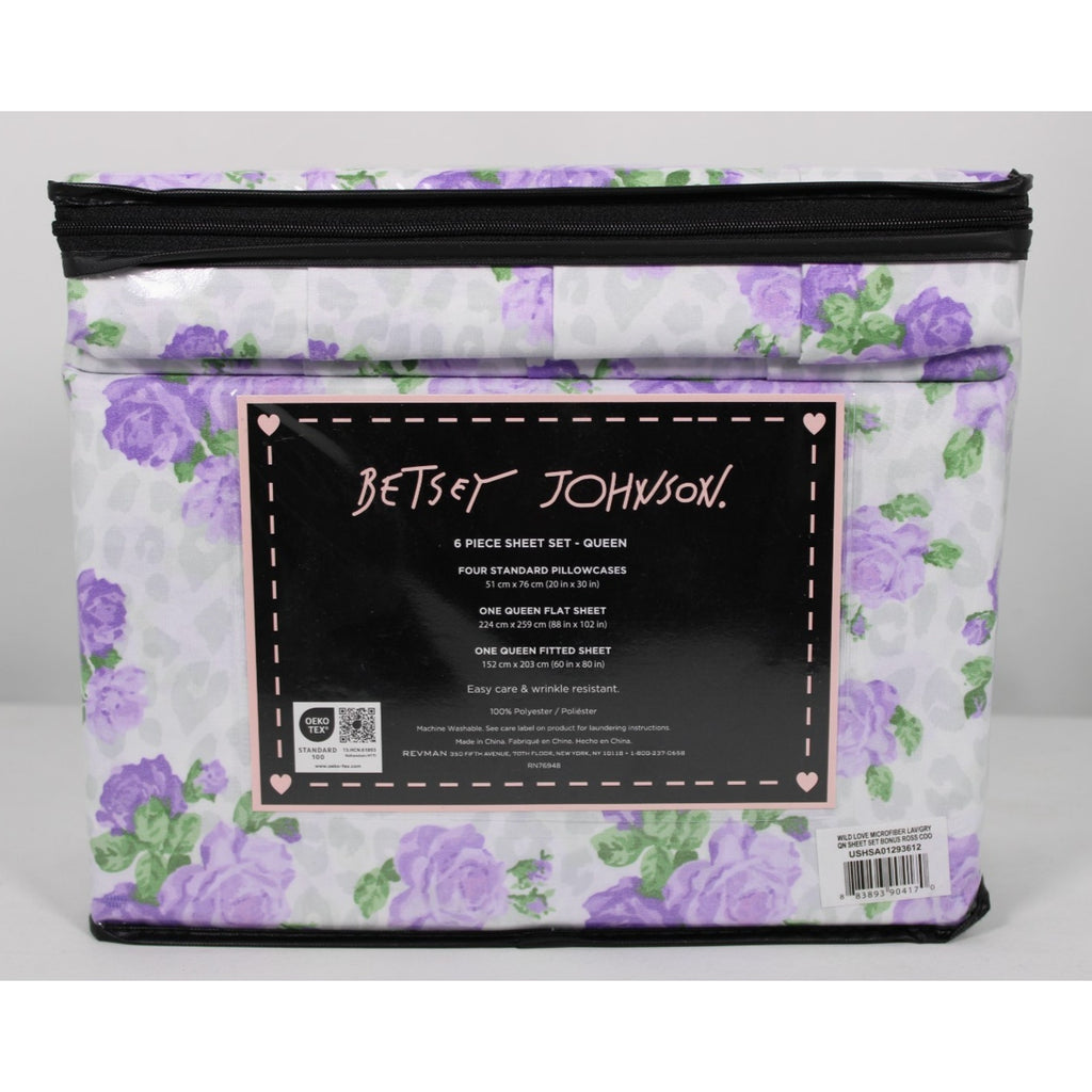 New Betsey Johnson Purple Wild Love Queen 6 Piece Sheet Set Bonus Shams