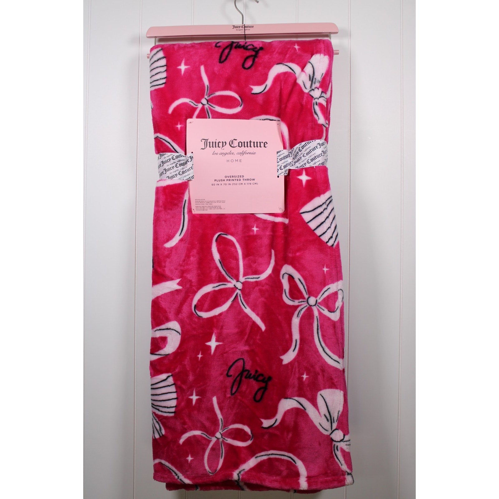 Juicy Couture 60" x 70" Pink Plush Throw Blanket, Bows - OVERSIZED