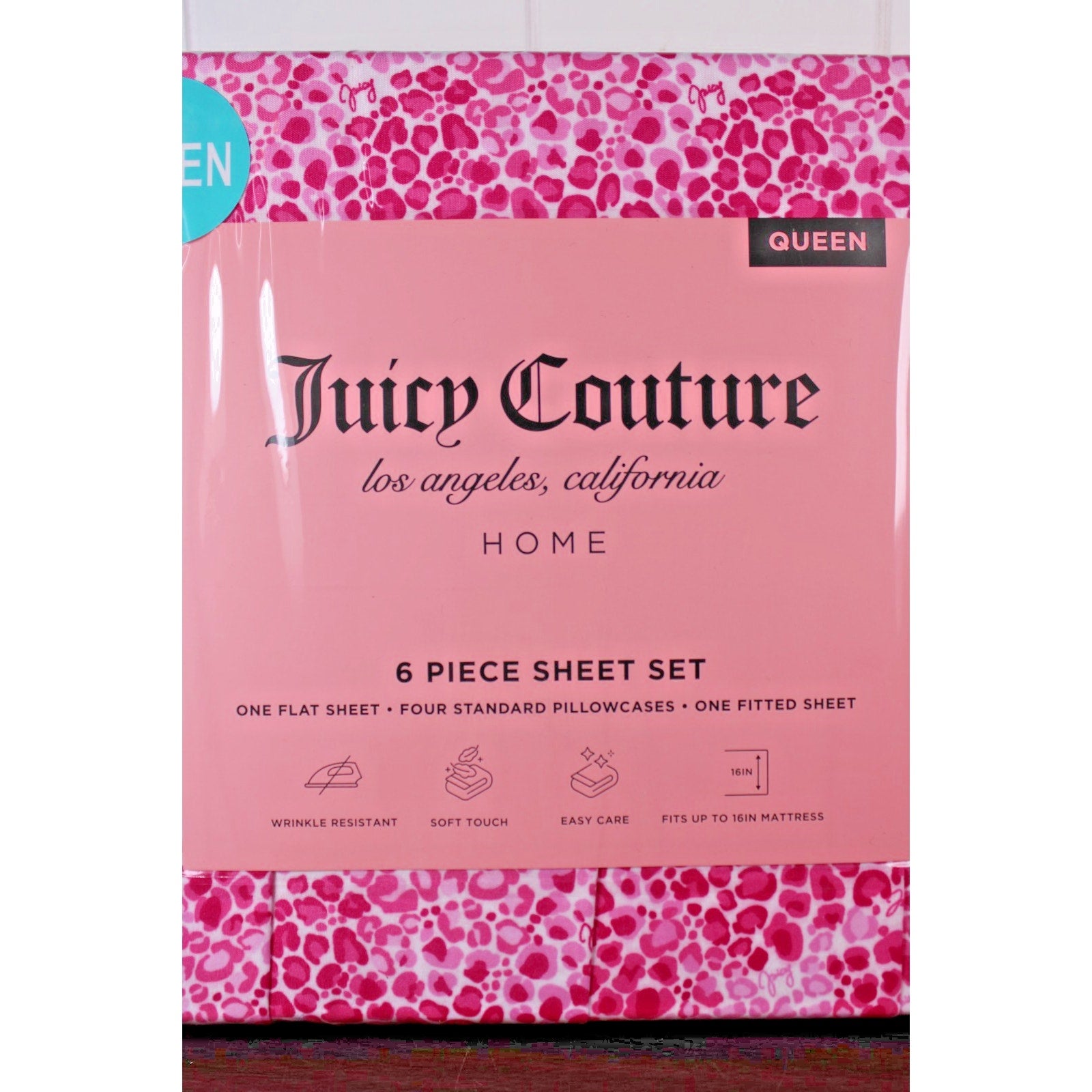 Juicy Couture Queen 6 pc Bed Sheet Set Pink Leopard Print