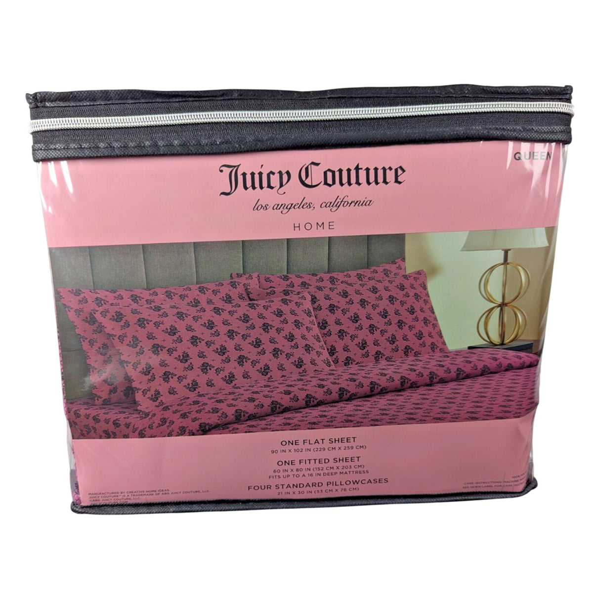 Juicy Couture Queen Size 6 pc Black Rose Fishnet Pink Bedding Sheet Set