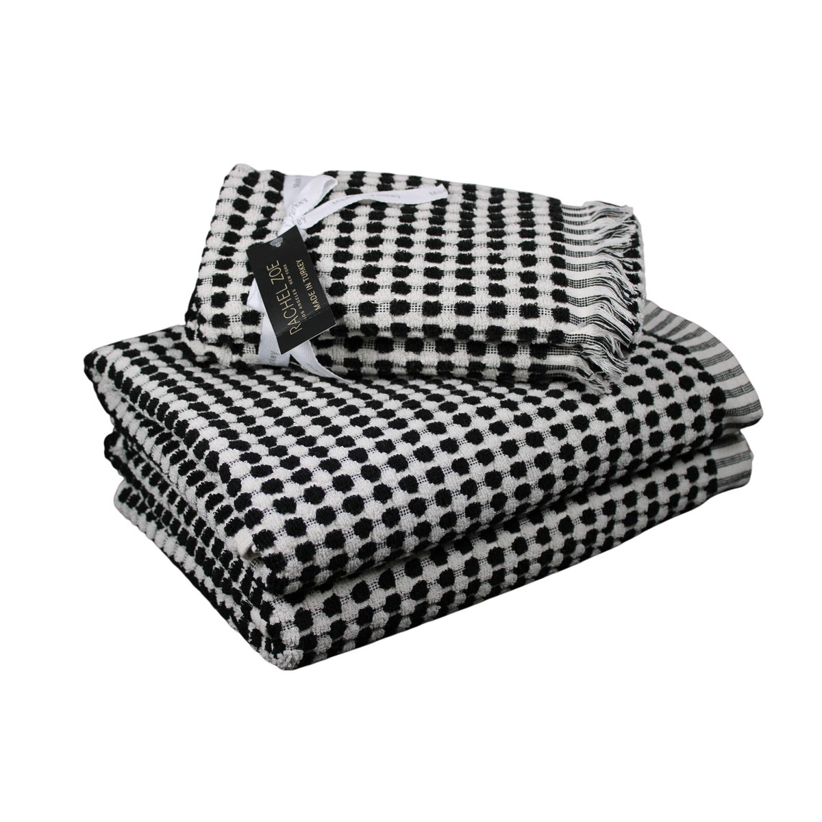 RACHEL ZOE 4pc Bath Towel Set Black White Polka Dot Bath, Hand - Turkish Towels  NEW