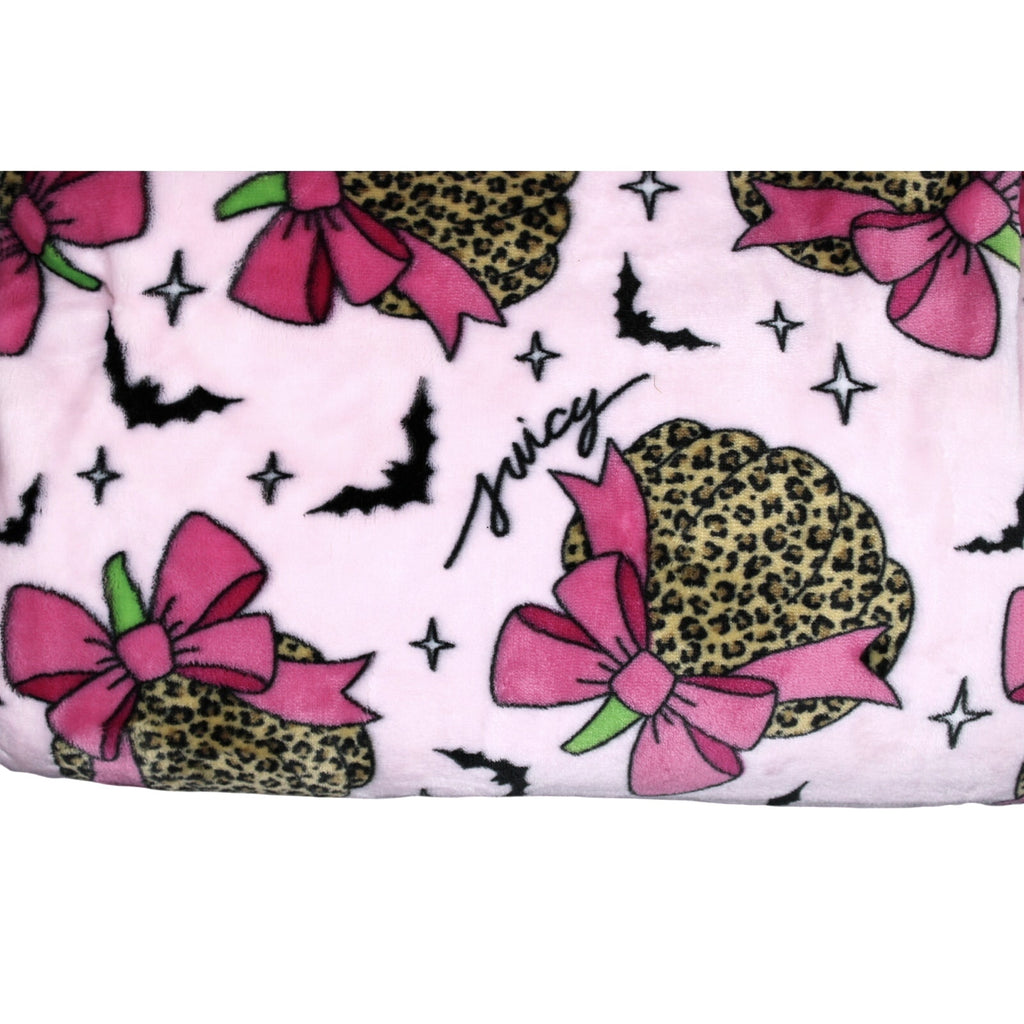 Juicy Couture Leopard Pumpkin Pink Bow Bat Halloween Plush Throw Blanket 60”x70"
