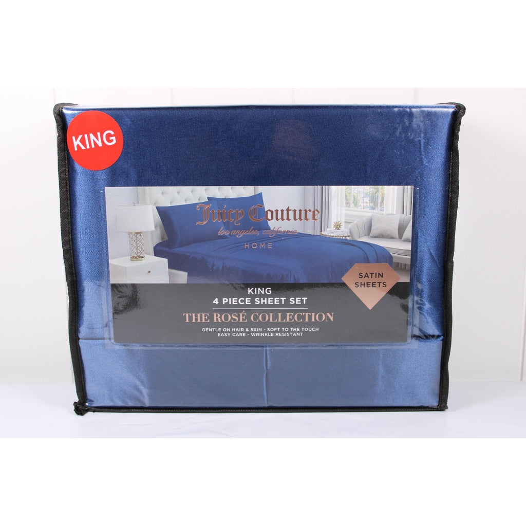 JUICY COUTURE 4-Piece Blue Satin Sheet Set - King Size - The Rosé Collection