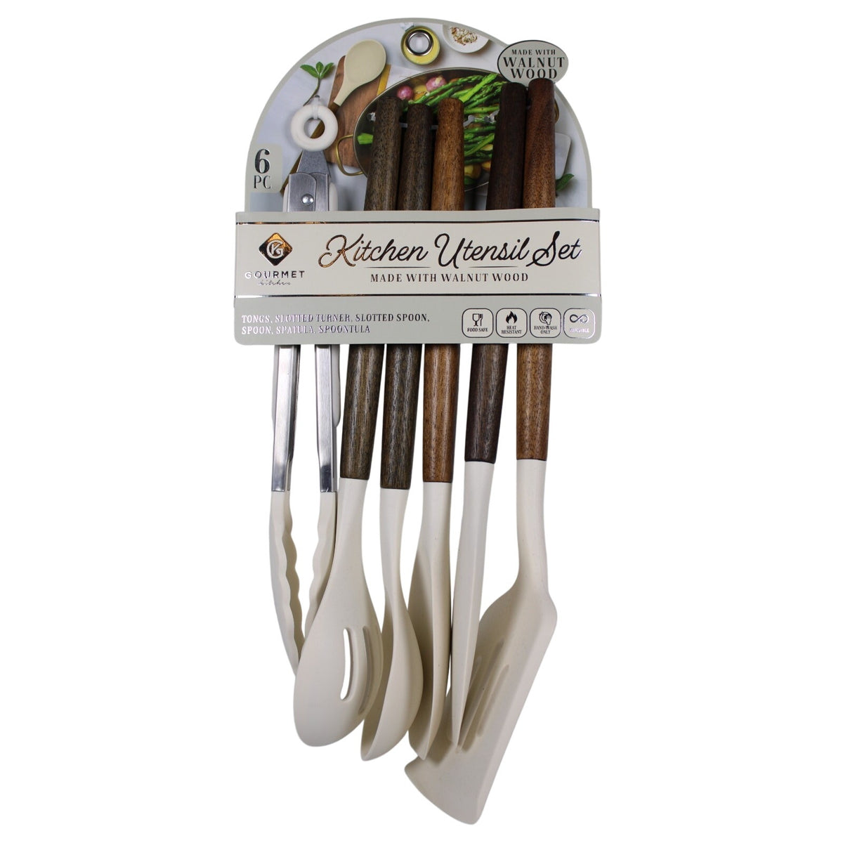 Kitchen Utensil Set of 6. Walnut handles Heat resistant Flexible silicone, Tongs
