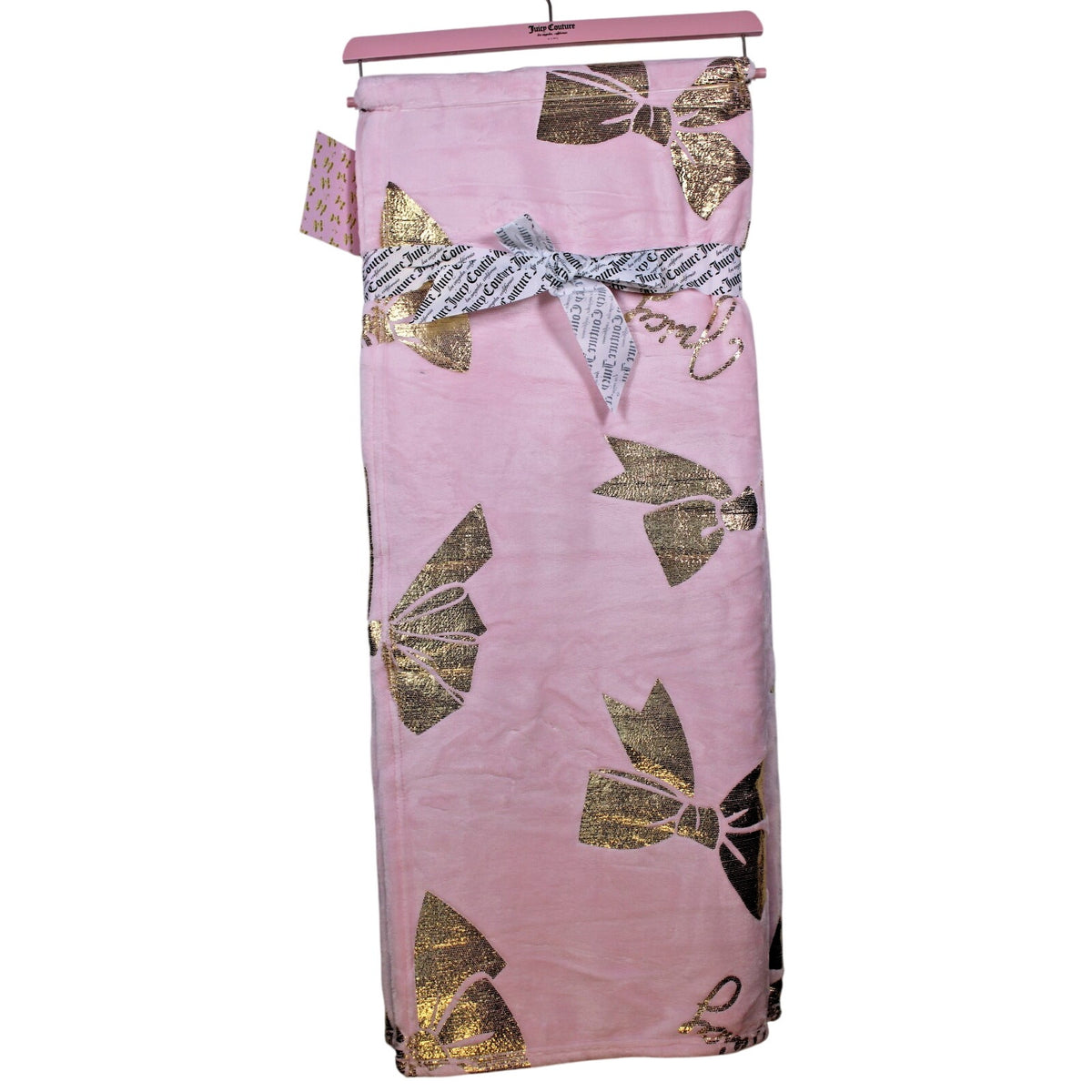 Juicy Couture Pink Plush Throw Blanket 60" X 70" Oversized, Gold Bows, Juicy