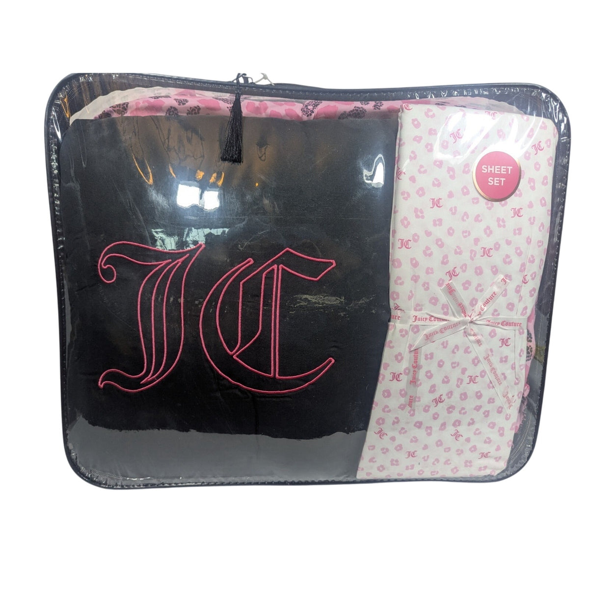 Juicy Couture Pink/Black Leopard 8pc QUEEN Bed Set Comforter,Shams,Sheets,Pillow
