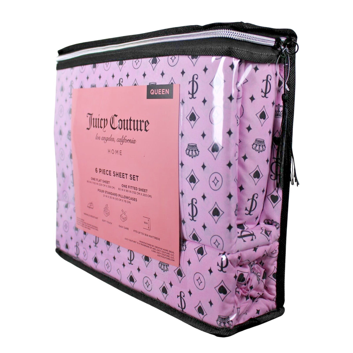 Juicy Couture Queen 6 pc Bed Sheet Set JC Logo Crown Heart Diamond Print