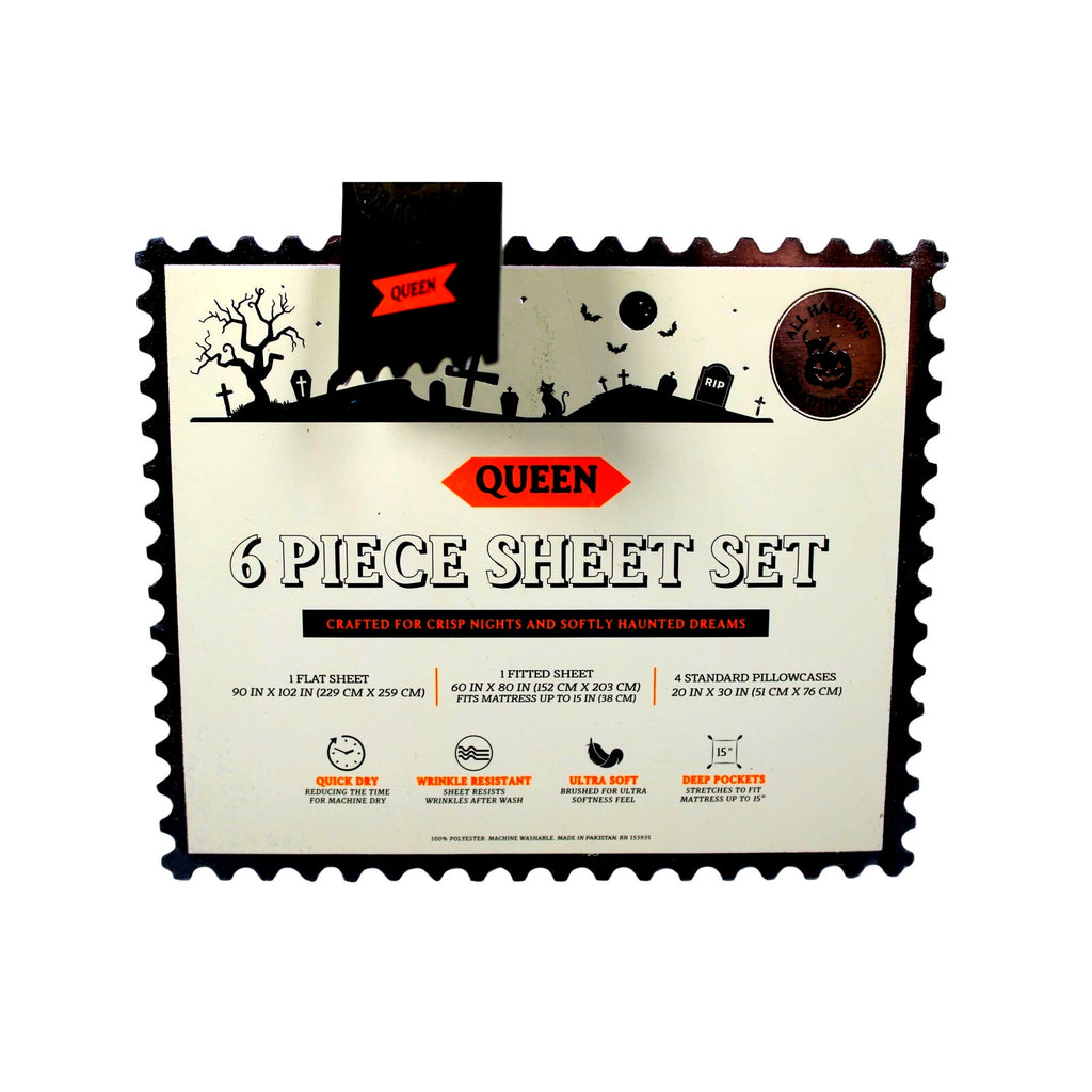 Spooky Halloween QUEEN Sheets Set Haunted House, Pumpkins, Ghosts, Poison, Trees