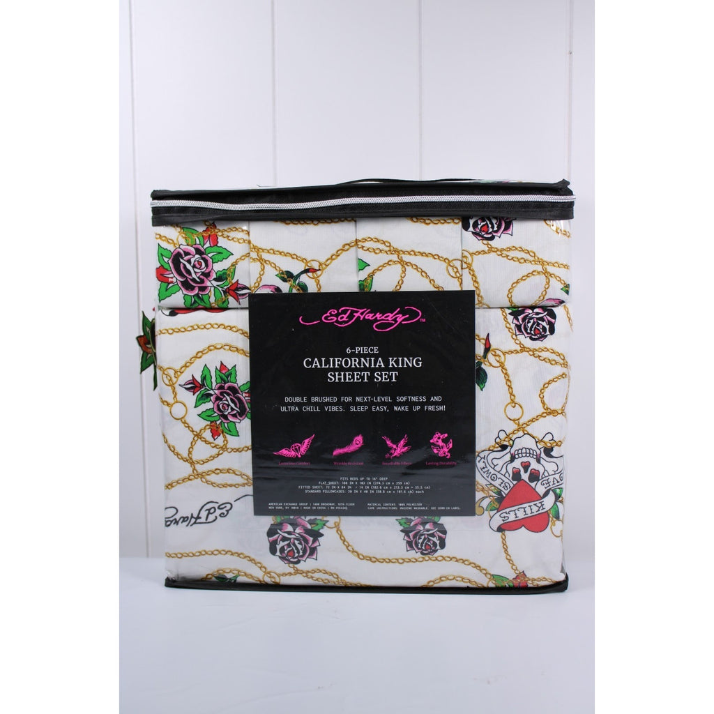 Ed Hardy White 6 pc Cal King Sheet Set Skulls Roses Tattoo Print w/4 Pillowcases