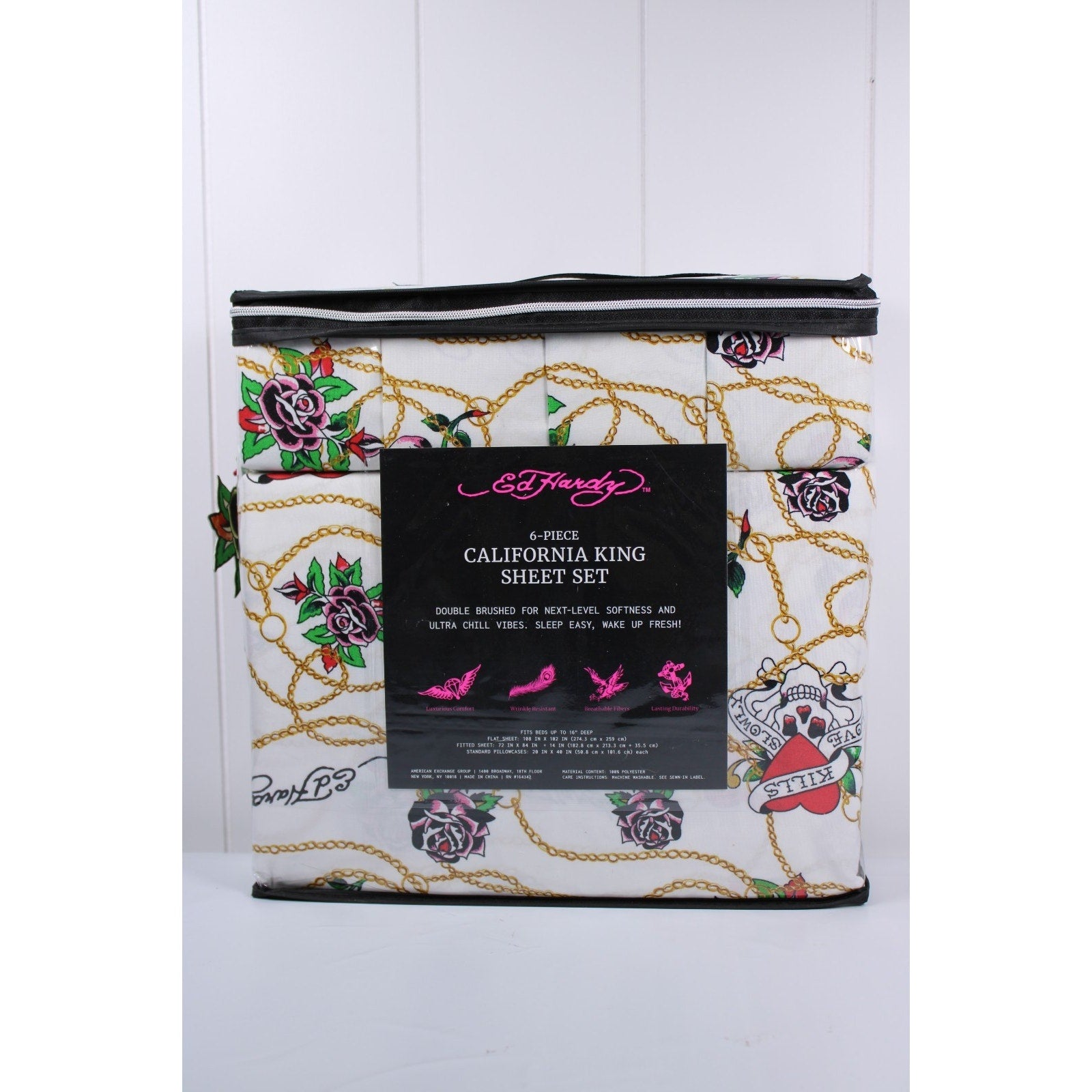 Ed Hardy White 6 pc Cal King Sheet Set Skulls Roses Tattoo Print w/4 Pillowcases