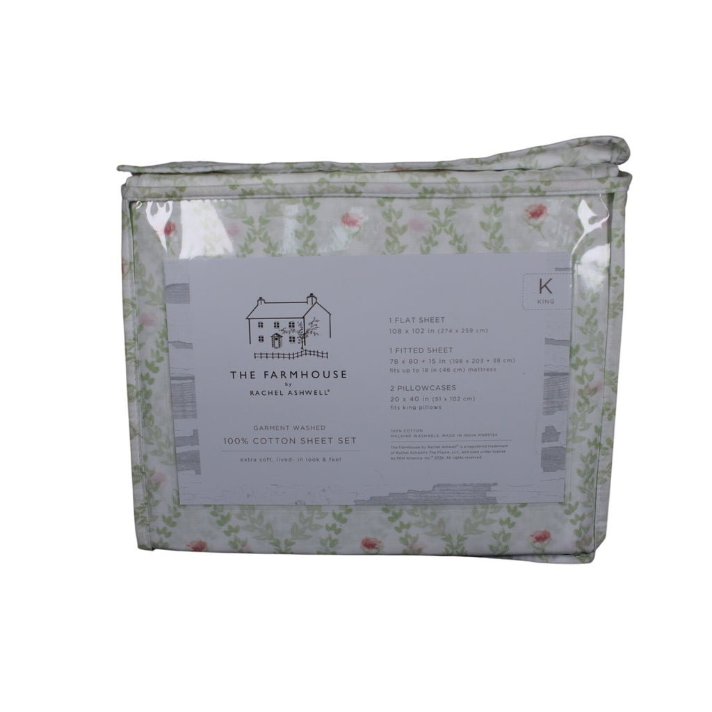 The Farmhouse Rachel Ashwell KING Sheet Set Green Floral Cotton Shabby Chic 4pcs