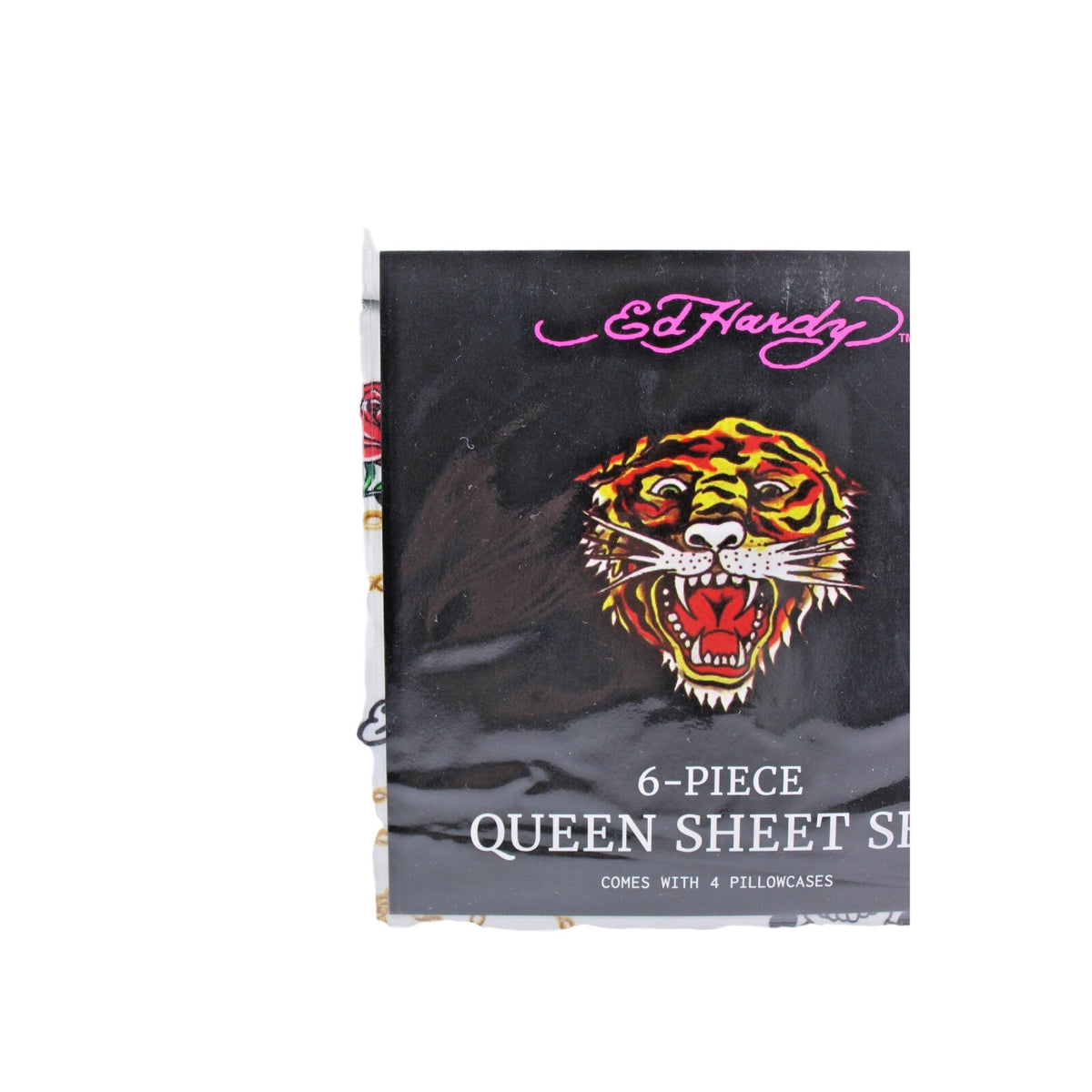 Ed Hardy White 6 pc Queen Sheet Set Skulls Roses Tattoo Print w/4 Pillowcases