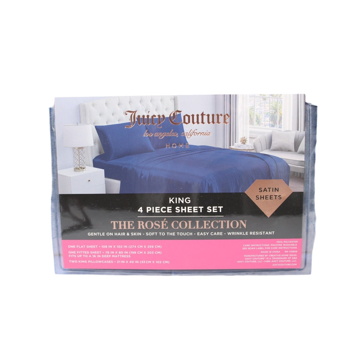 JUICY COUTURE 4-Piece Blue Satin Sheet Set - King Size - The Rosé Collection