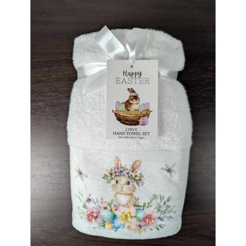 Easter Blessing Beaded Bunny Floral Hand Towels Set of 2, 16x28" 100% Cotton