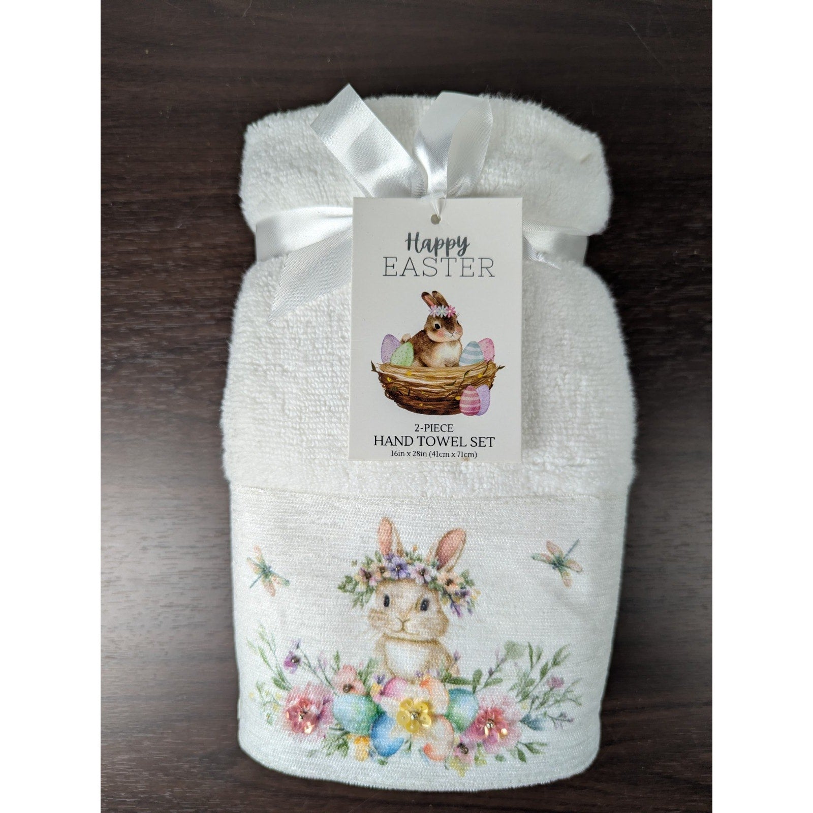 Easter Blessing Beaded Bunny Floral Hand Towels Set of 2, 16x28" 100% Cotton