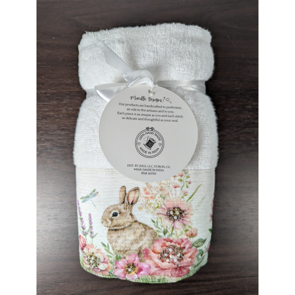 Easter Blessing Beaded Bunny Floral Hand Towels Set of 2, 16x28" 100% Cotton