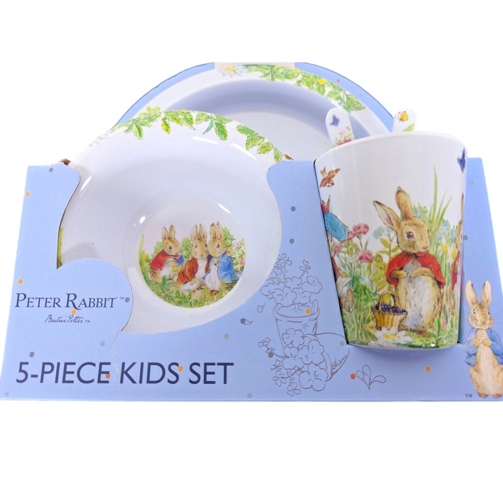 Peter Rabbit 5 Pc Kids Dinner Set Melamine Plate Bowl Cup Cutlery New