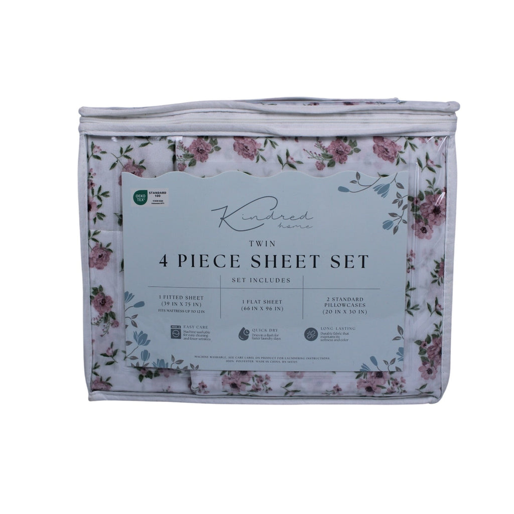 KINDRED HOME 4 PIECE Floral DESIGN TWIN SHEET SET 1 EX PILLOWCASE