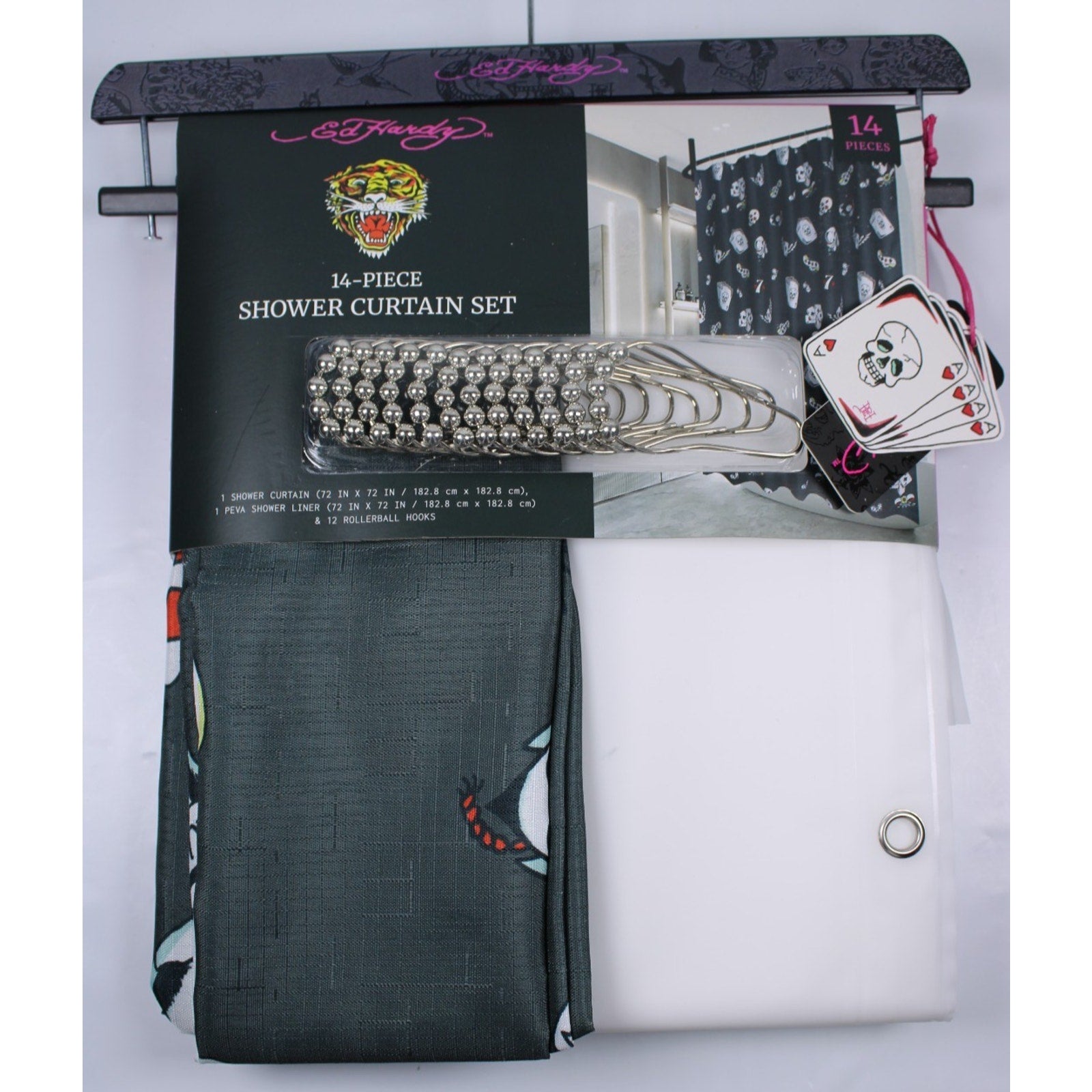 14-Pc Ed Hardy Skull POKER Cards Shower Curtain, Roller Ball Hooks, & Liner