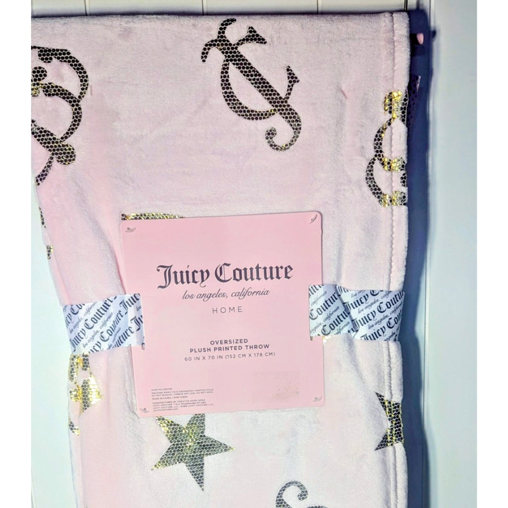 Juicy Couture Pink Plush Throw Blanket 60" X 70" Oversized, Crown, Stars, Hearts