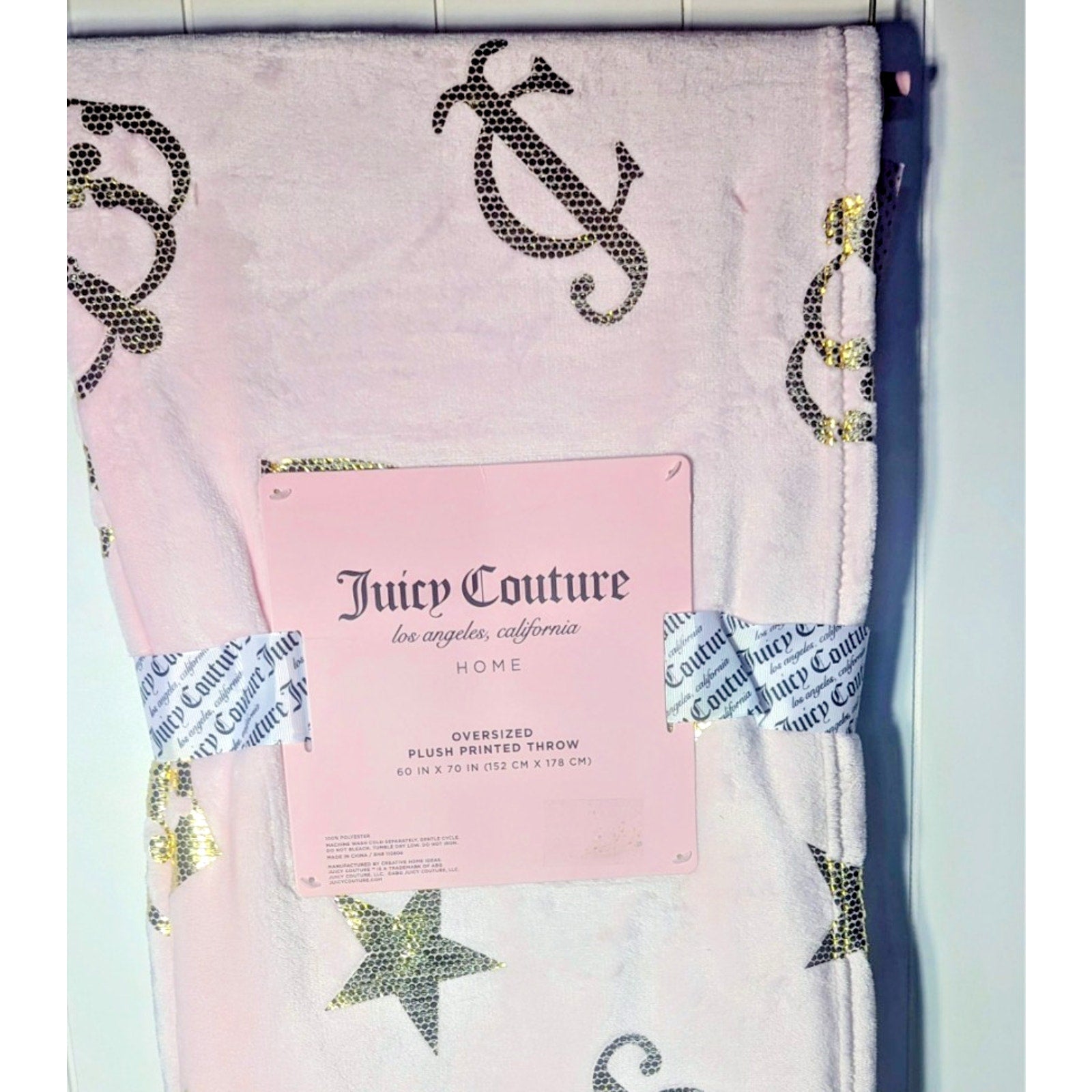 Juicy Couture Pink Plush Throw Blanket 60" X 70" Oversized, Crown, Stars, Hearts