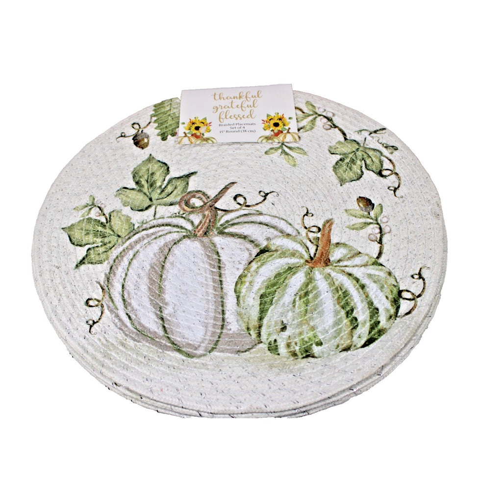 Pumpkins Thanksgiving Fall Harvest Braided Fabric Round Placemats Set of 4 -15"