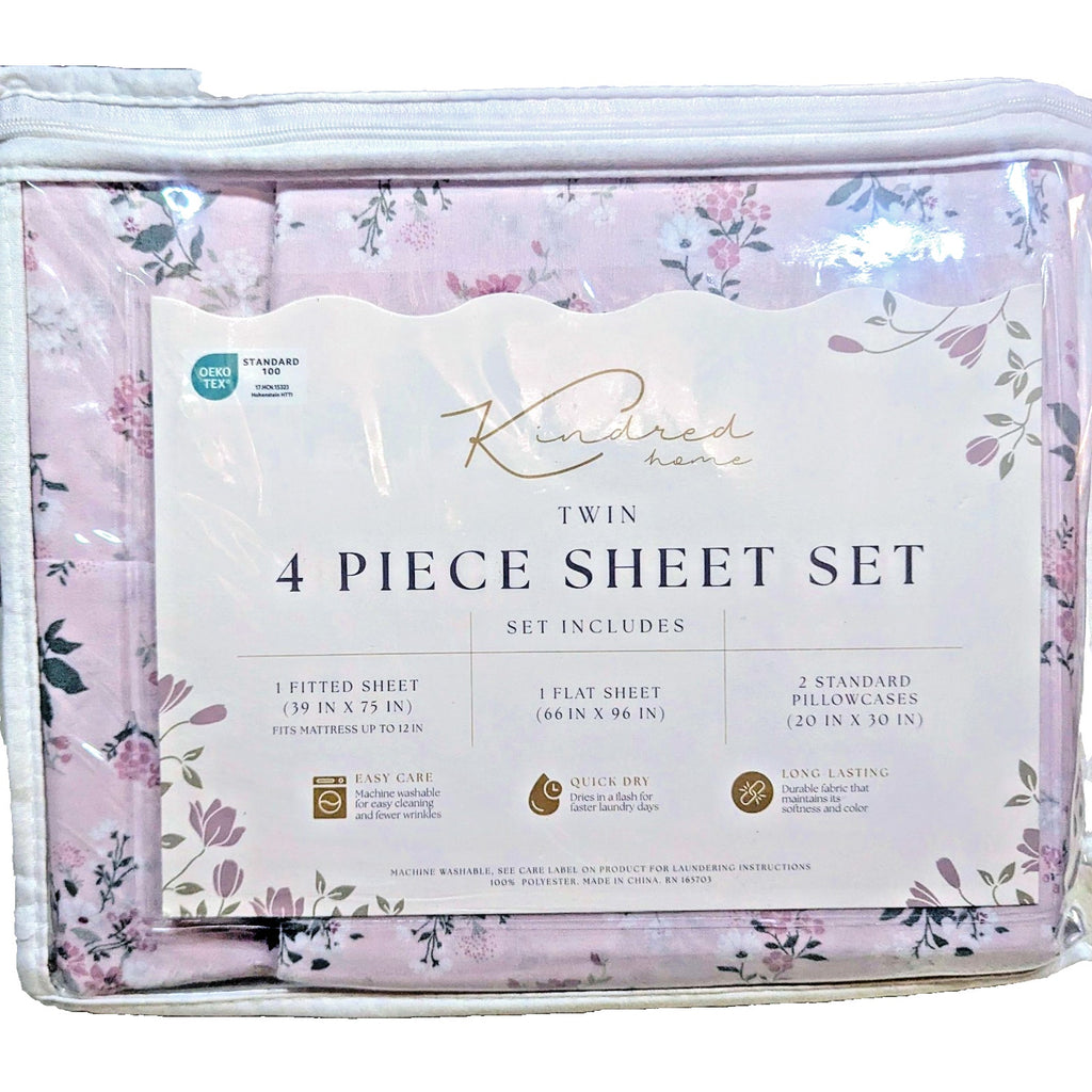 KINDRED HOME 4 PIECE PURPLE FLORAL DESIGN TWIN SHEET SET 1 EXTRA PILLOWCASE