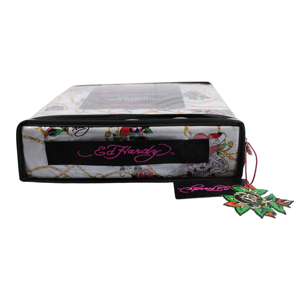 Ed Hardy White 6 pc Cal King Sheet Set Skulls Roses Tattoo Print w/4 Pillowcases