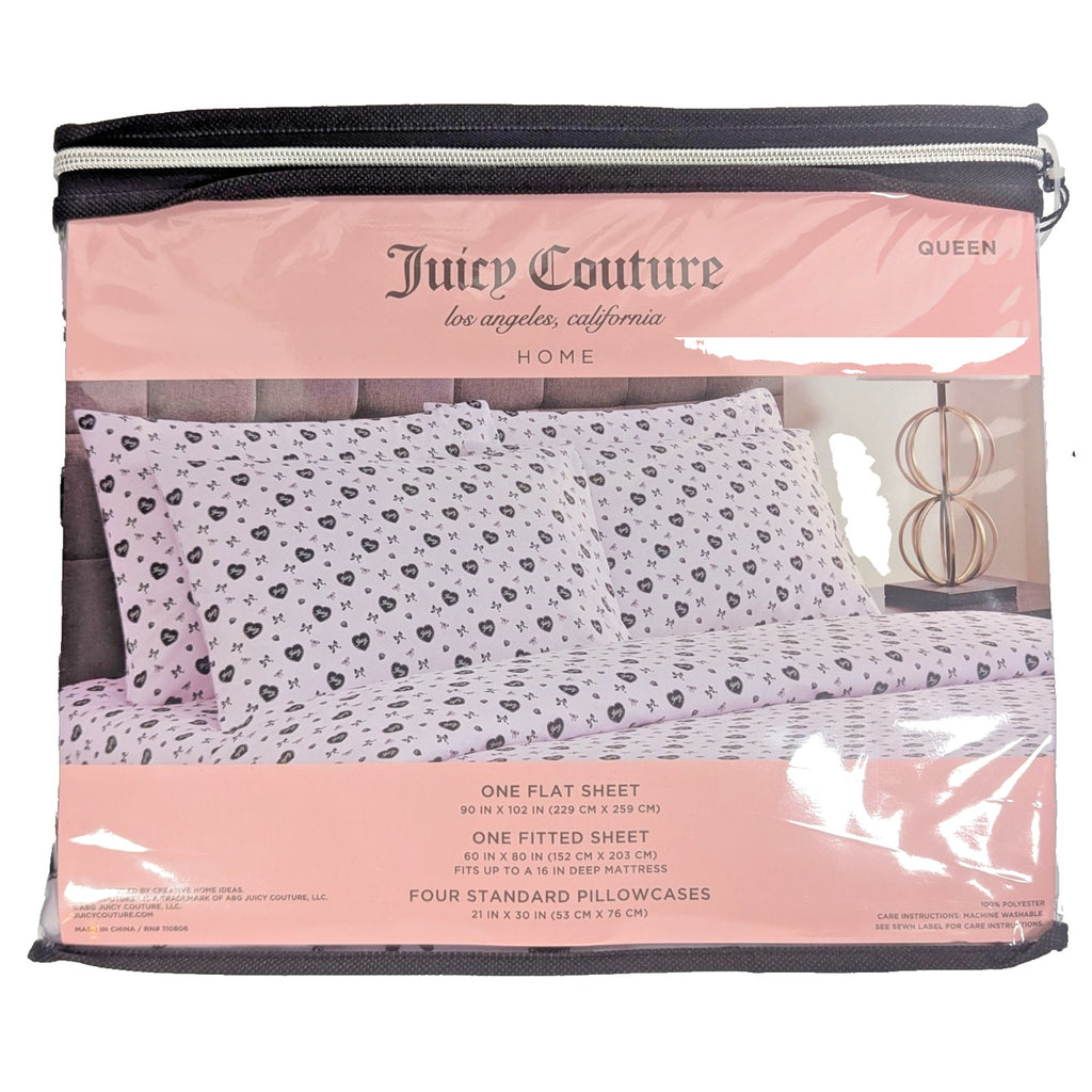 Juicy Couture Queen Size 6psc Bed Sheet Set Bows, Strawberries JC Hearts, Purple