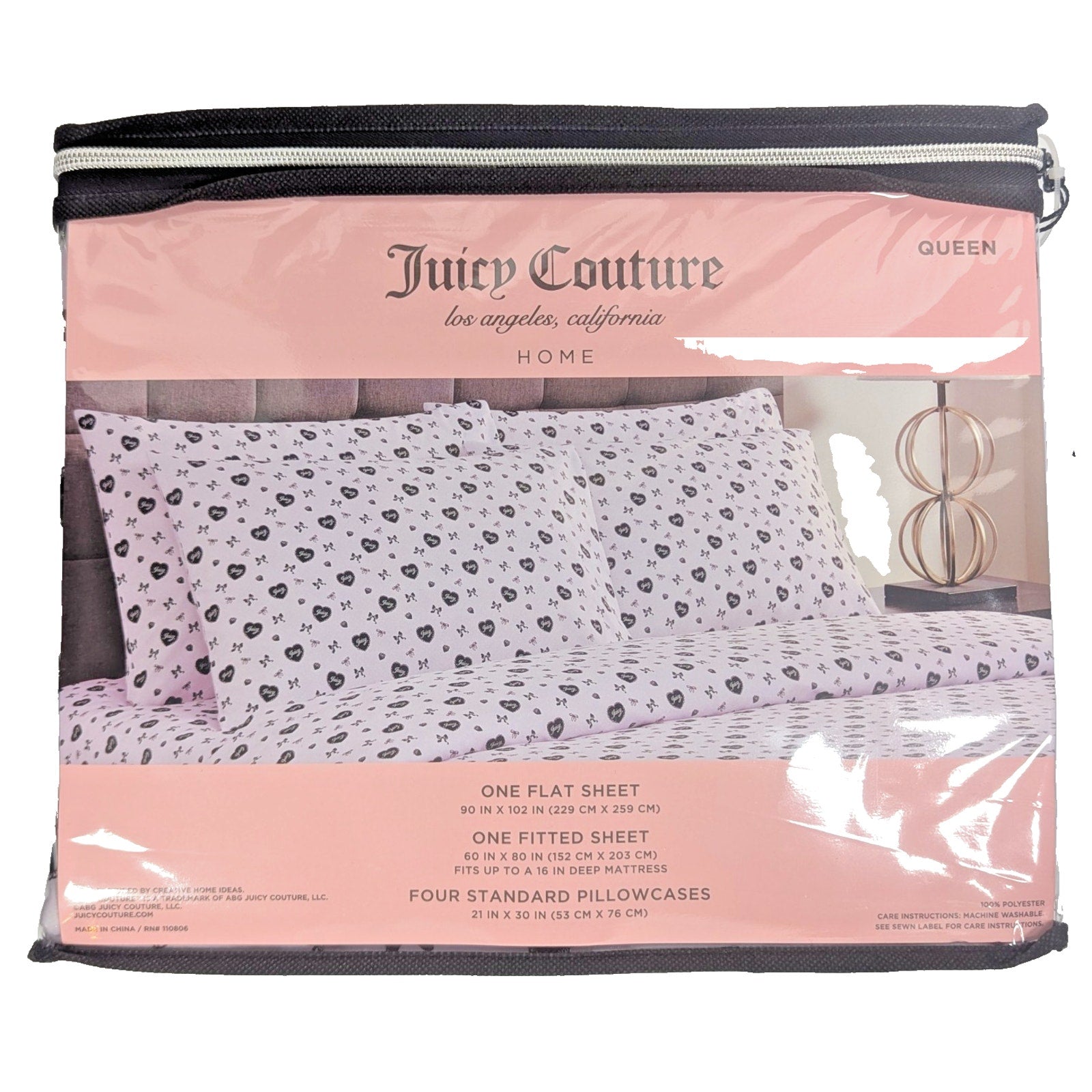 Juicy Couture Queen Size 6psc Bed Sheet Set Bows, Strawberries JC Hearts, Purple