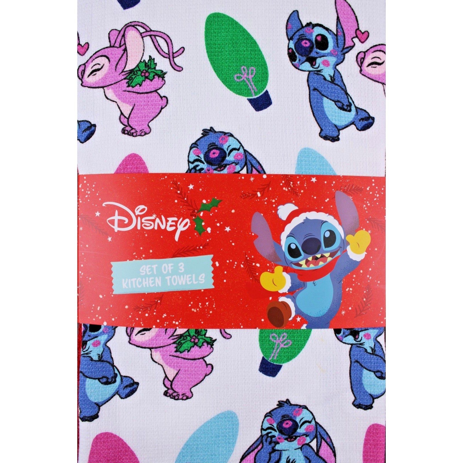 Disney Angel & Stitch Christmas Light Bulbs Holiday 3 Pack Kitchen Towels 16x26