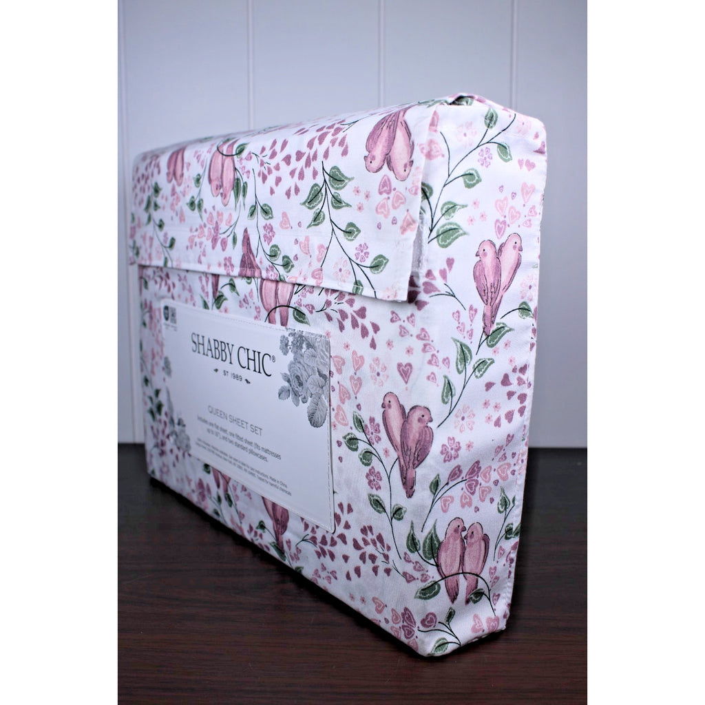 Shabby Chic Farmhouse Cottage Queen Sheet Set Pink and Mauve Lovebirds & Hearts