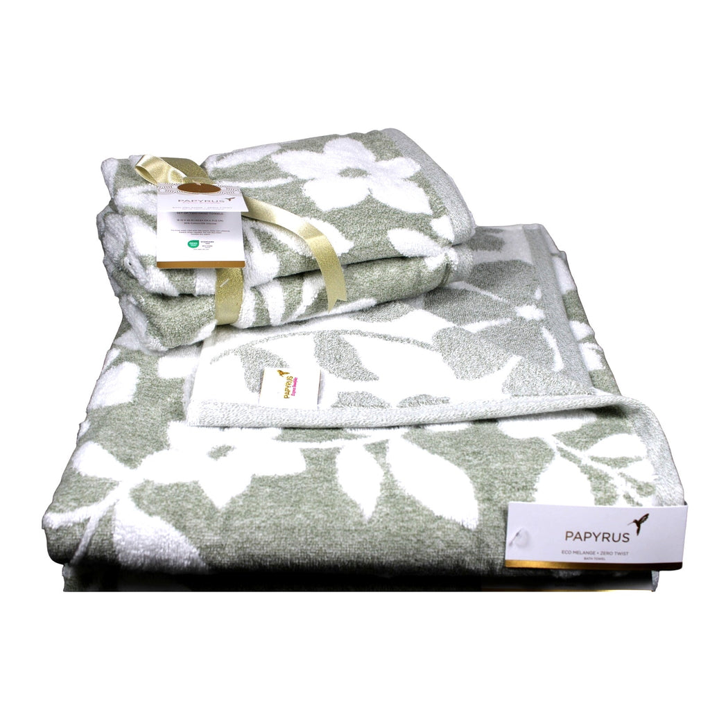 Papyrus 4 pc Bath & Hand Towel Set Green White Floral Soft Cotton Velour - NEW