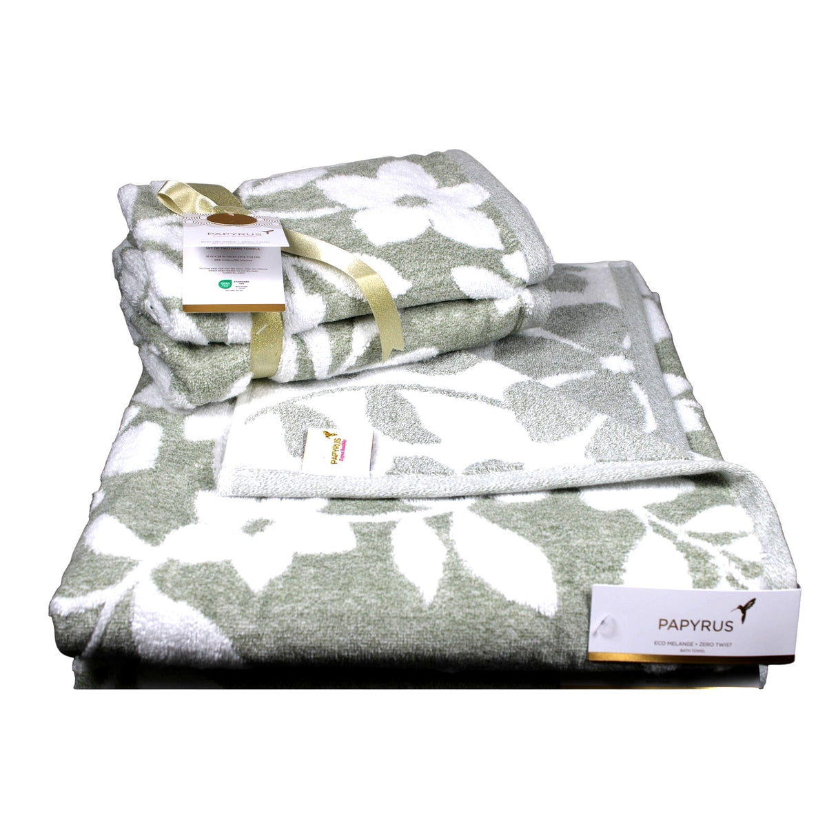Papyrus 4 pc Bath & Hand Towel Set Green White Floral Soft Cotton Velour - NEW
