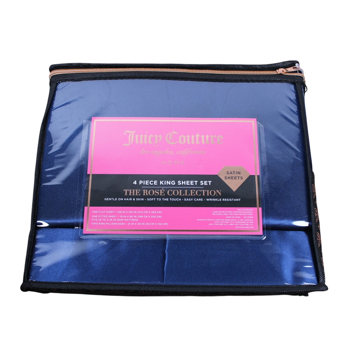 Juicy Couture Royal Blue Satin 4pc KING Sheet Set Easy Care Soft Sleek Smooth
