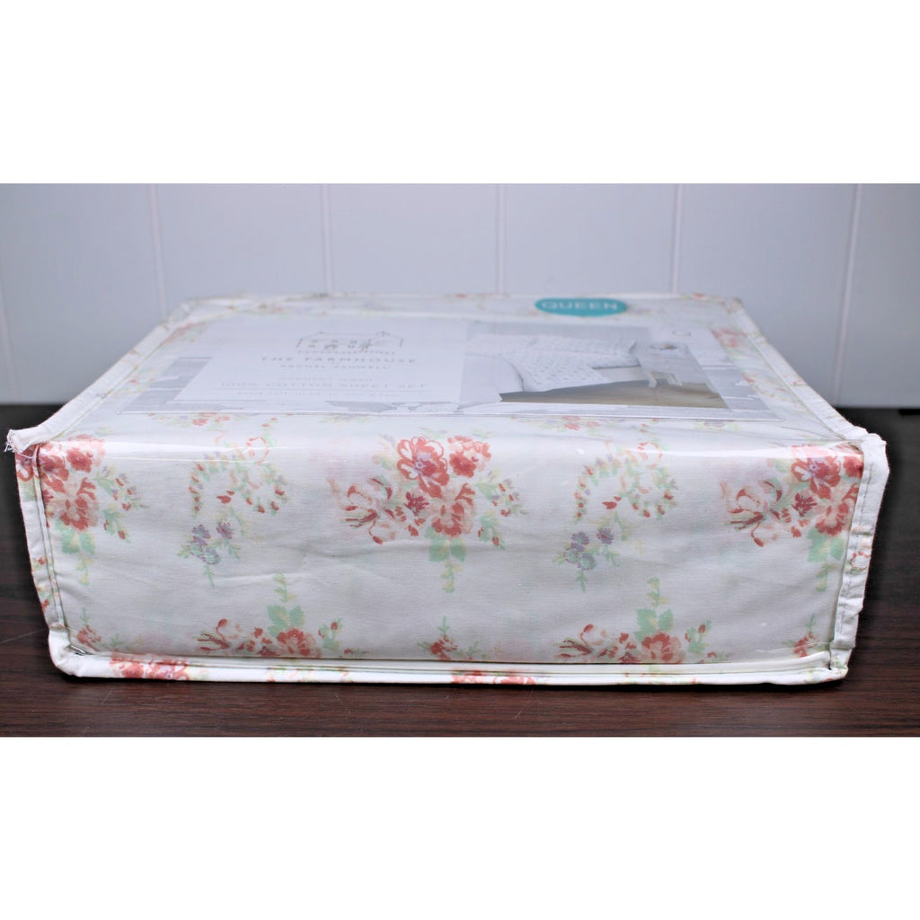 The Farmhouse Rachel Ashwell 100% Cotton Coral & Mint Floral QUEEN Sheets NEW