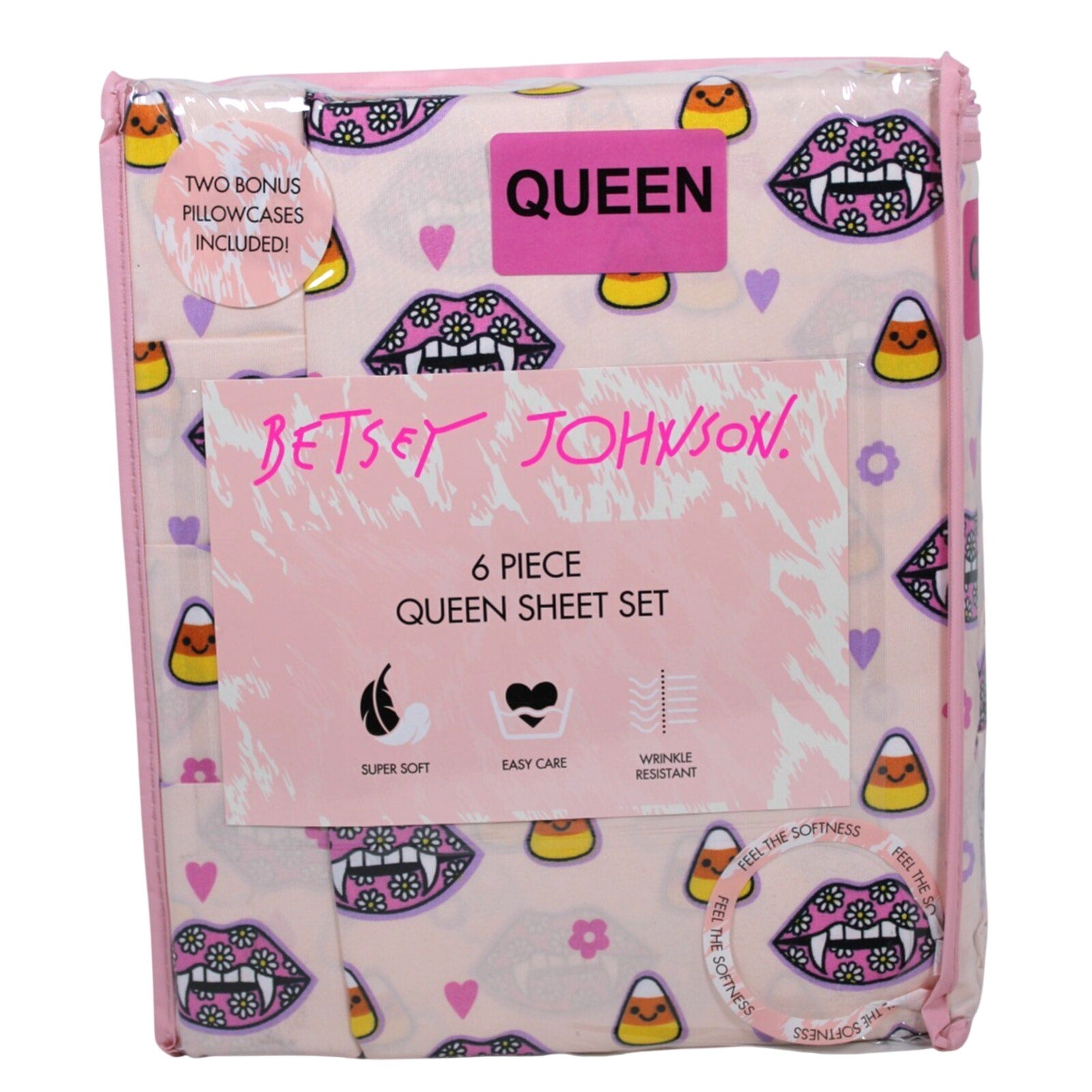 Betsey Johnson 6 Piece Pink - Candy Corn Hearts Fangs QUEEN Sheet Set Halloween