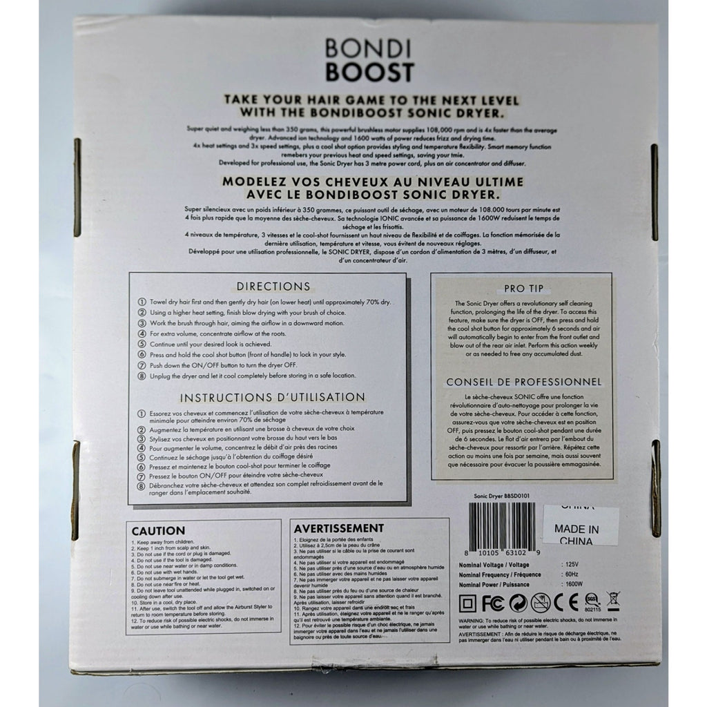 New, Sealed Box Bondiboost Sonic Hair Dryer Straight Wavy Curly Coily