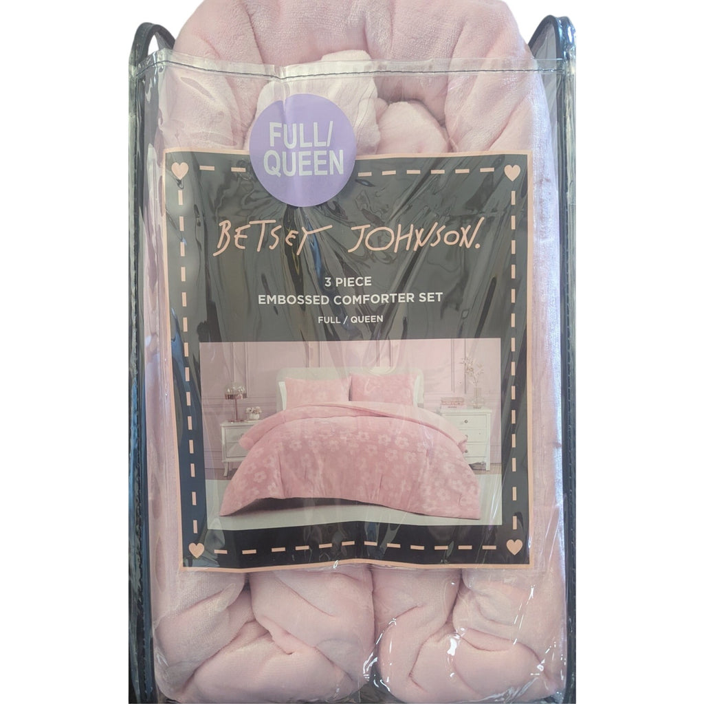 Betsey Johnson QUEEN Pink Flowers Embossed Velour 3 pc Comforter Set
